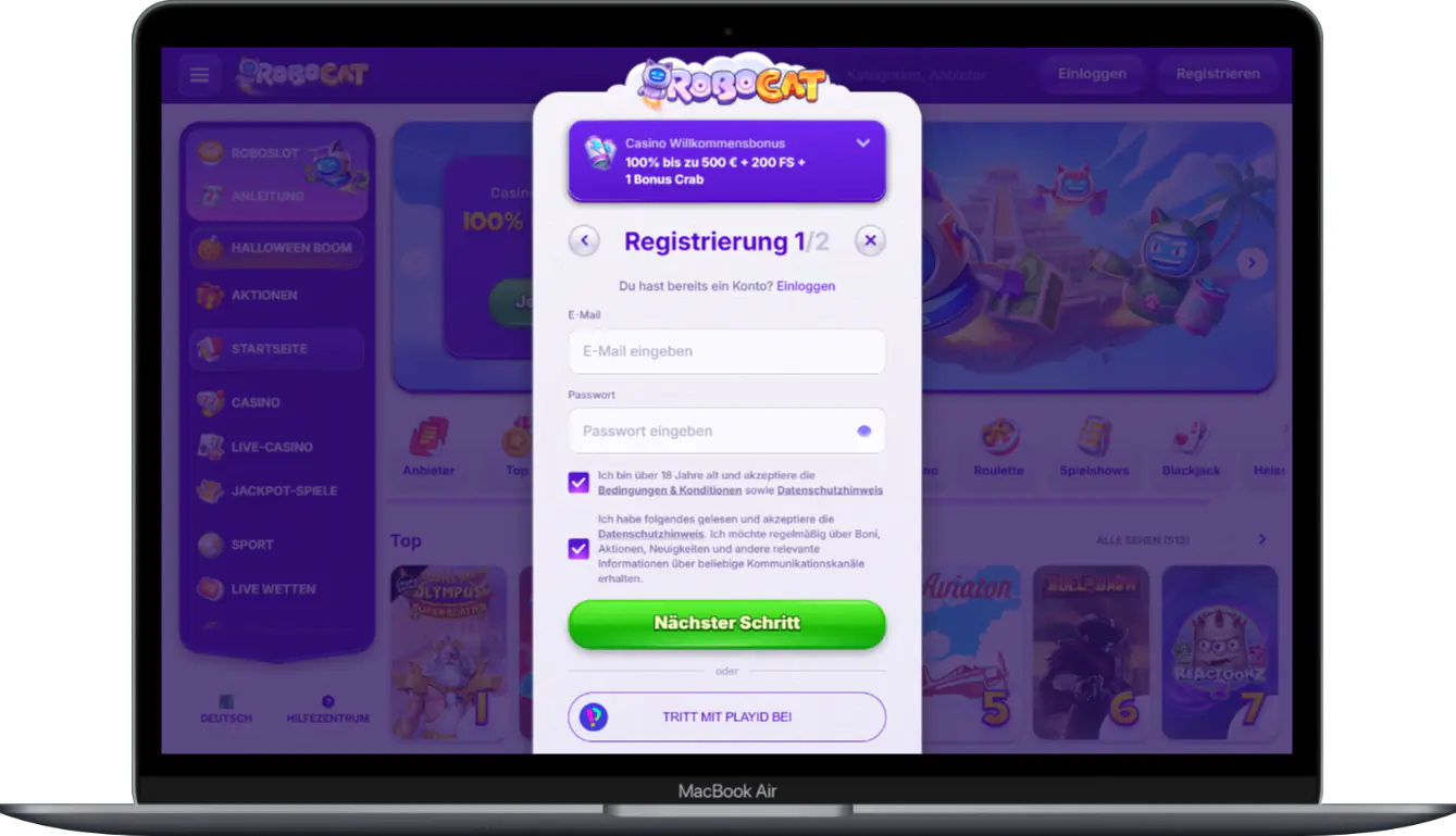 Registrierungsformular für das Robocat Casino-Konto