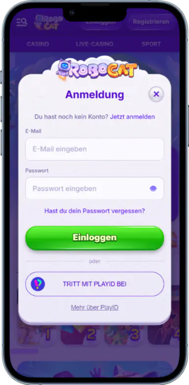 Registrierungsformular für das mobile Konto von Robocat Casino